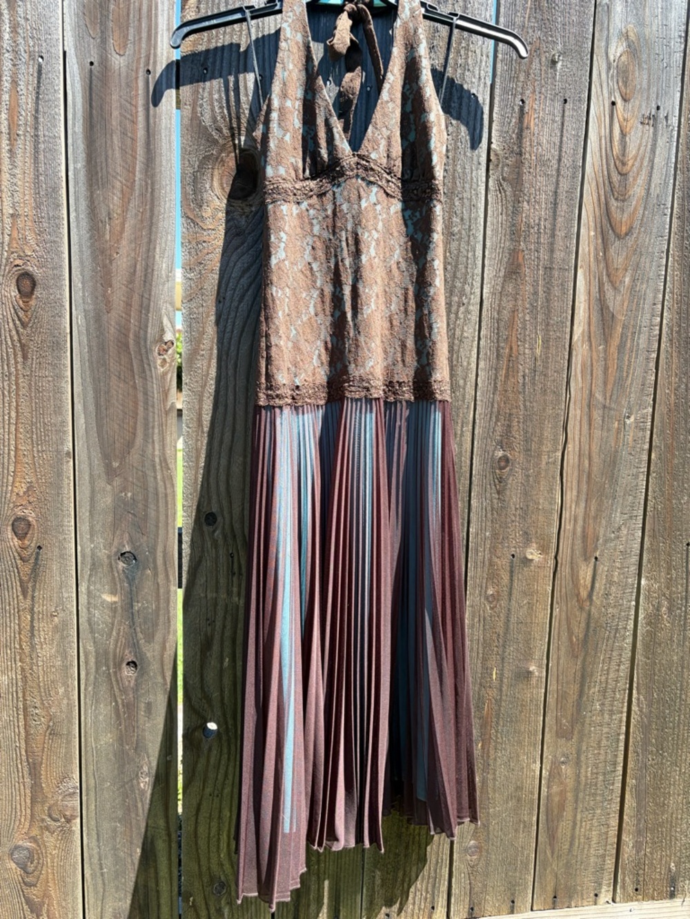 La Belle Brown Lace Halter Midi Dress with Blue Accents